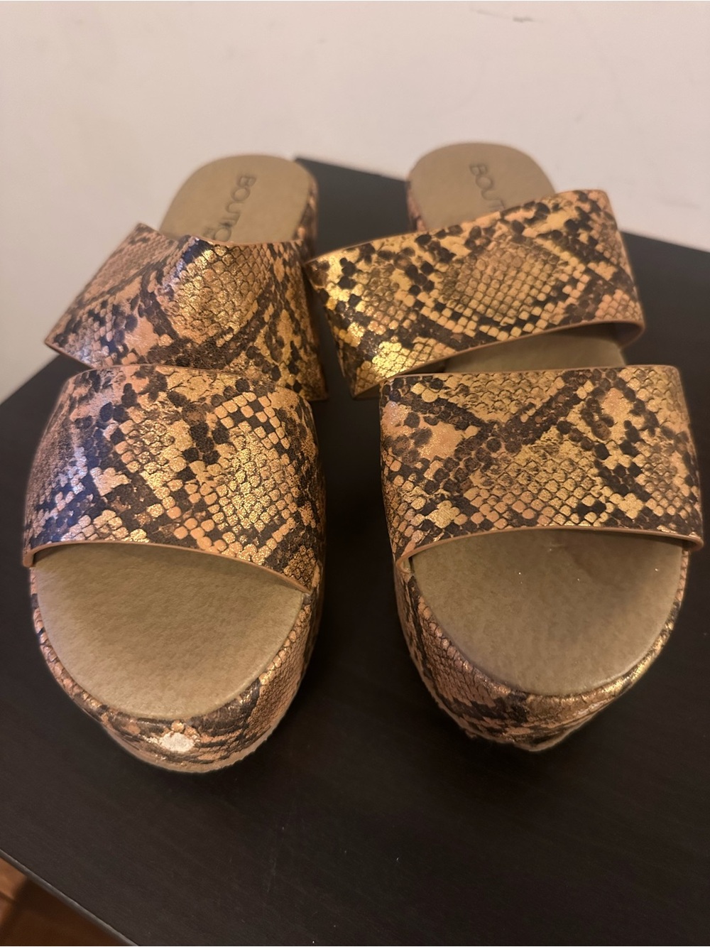 Metallic Copper Snake-Print Wedge Slides by B.O.C.